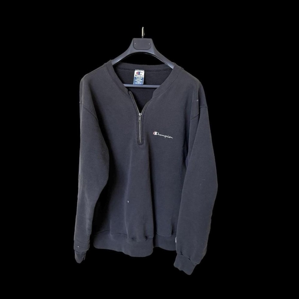 Vintage 80's Champion Reverse Weave Quarter Zip Sweatshirt‎ Crewneck Black Faded